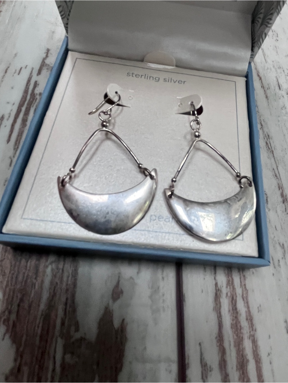 Silver Tone Crescent Moon Teardrop Drop Earrings Geometric Smooth Celestial
